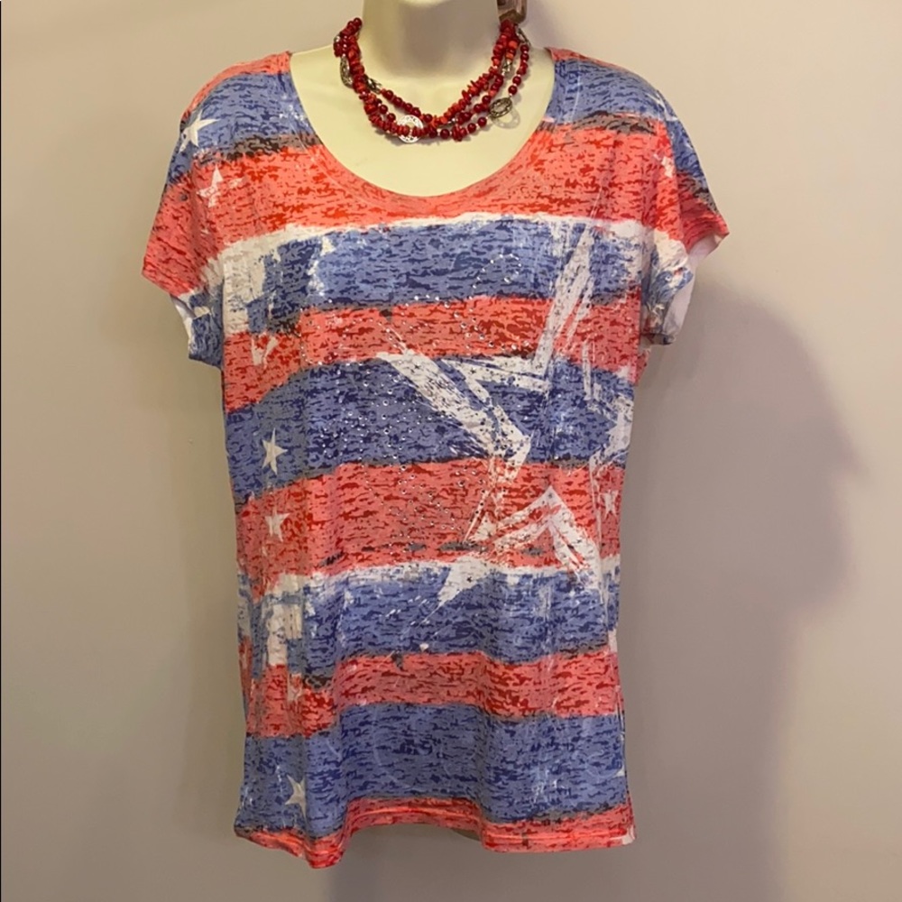 Prairie Rose Red white and blue shirt